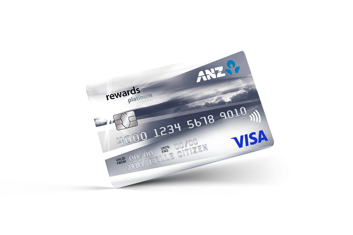 Front view of ANZ Rewards Platinum credit card with Visa logo visible