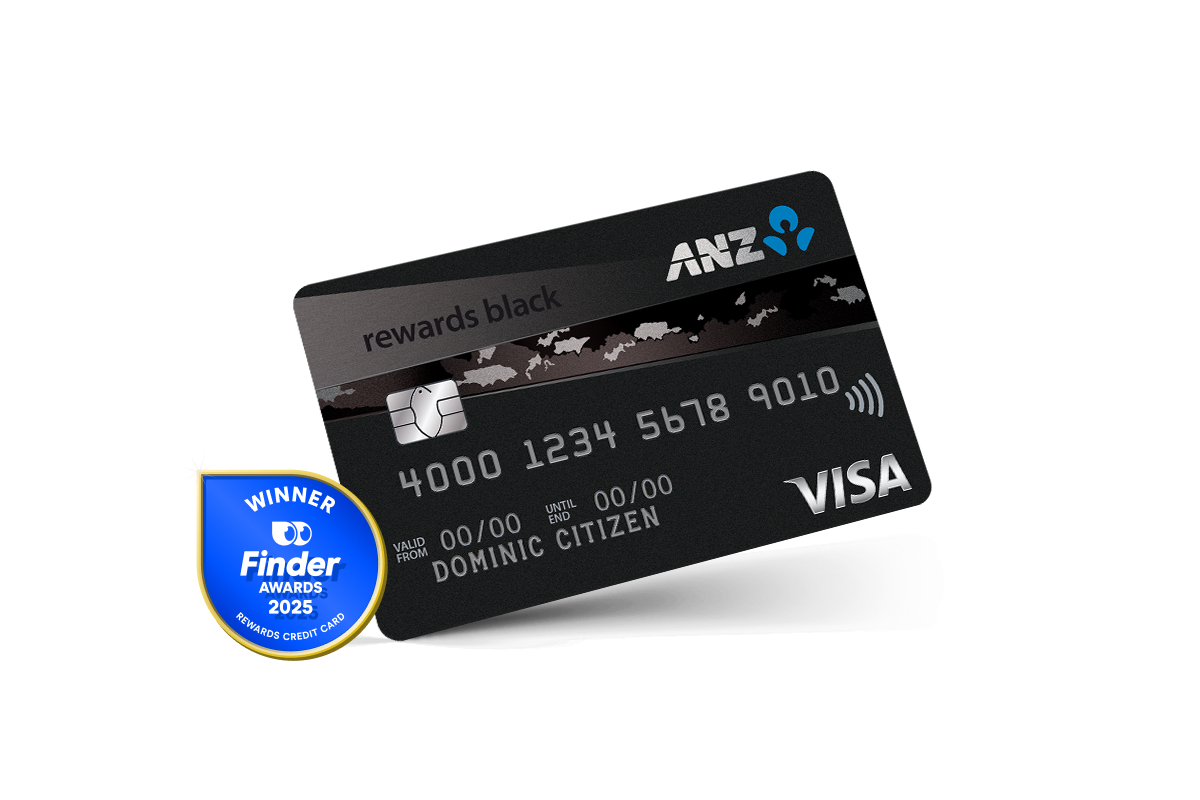 Front view of ANZ Rewards Black credit card with Visa logo. Winner of Finder Award for Best Rewards Credit Card 2025